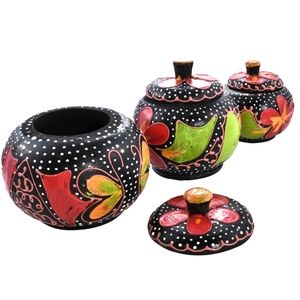 Set of 3 Handcrafted Round Wooden Storage Jars With Lids